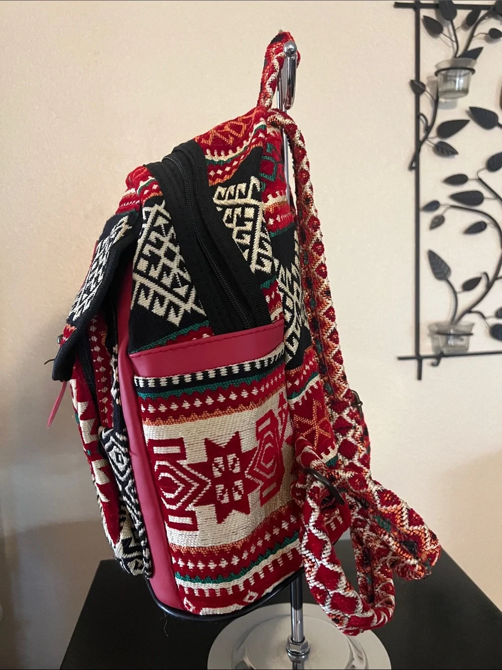 Red Aztec Print Mini Backpack with Pink Trim